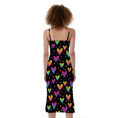 Colorful Heart Pattern Print Slim Fit Midi Cami Dress