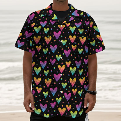 Colorful Heart Pattern Print Textured Short Sleeve Shirt
