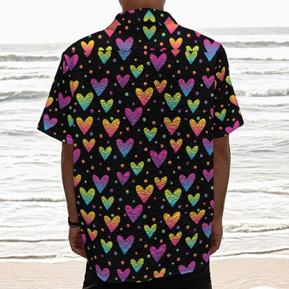 Colorful Heart Pattern Print Textured Short Sleeve Shirt