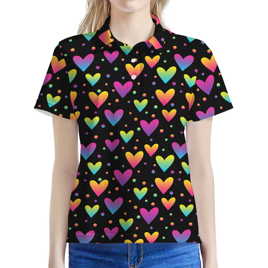 Colorful Heart Pattern Print Women's Polo Shirt