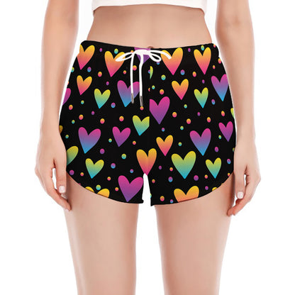 Colorful Heart Pattern Print Women's Split Running Shorts