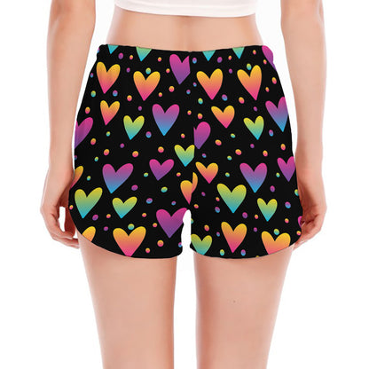 Colorful Heart Pattern Print Women's Split Running Shorts