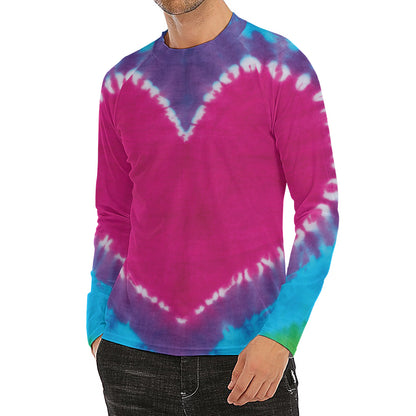 Colorful Heart Tie Dye Print Men's Long Sleeve Rash Guard