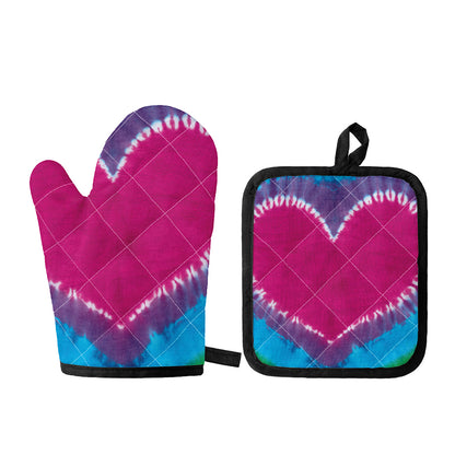 Colorful Heart Tie Dye Print Oven Mitt And Pot Holder Set