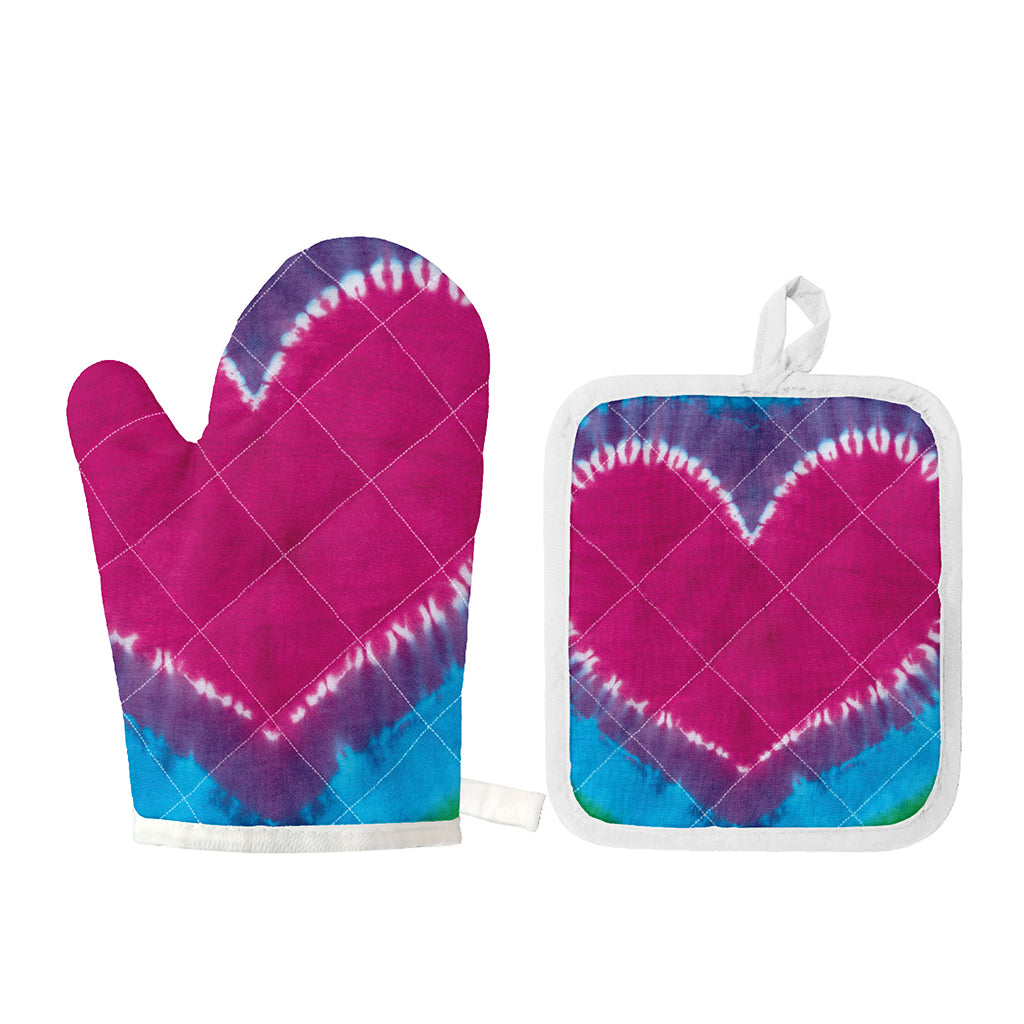 Colorful Heart Tie Dye Print Oven Mitt And Pot Holder Set