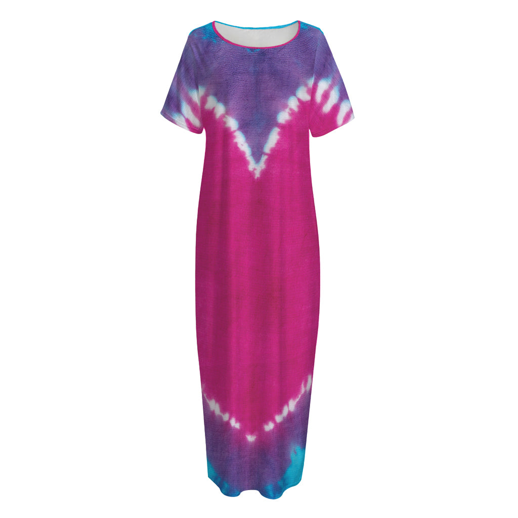 Colorful Heart Tie Dye Print Short Sleeve Long Nightdress