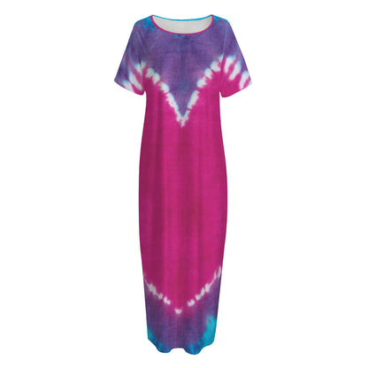 Colorful Heart Tie Dye Print Short Sleeve Long Nightdress