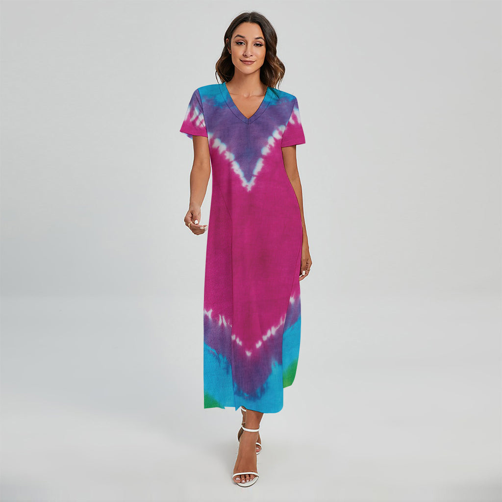 Colorful Heart Tie Dye Print Short Sleeve Maxi Dress