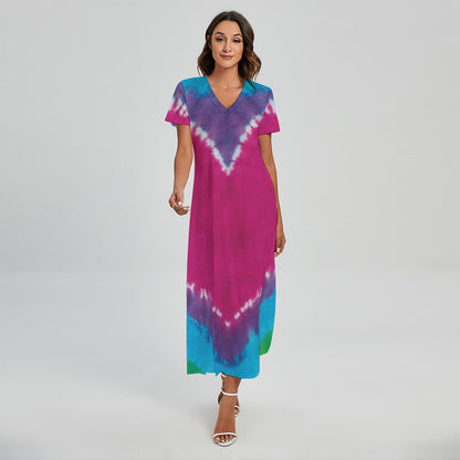 Colorful Heart Tie Dye Print Short Sleeve Maxi Dress