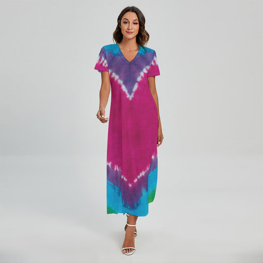 Colorful Heart Tie Dye Print Short Sleeve Maxi Dress
