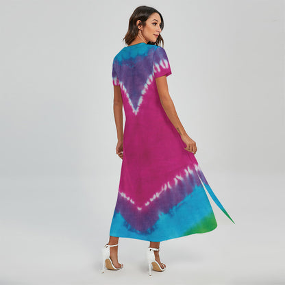 Colorful Heart Tie Dye Print Short Sleeve Maxi Dress
