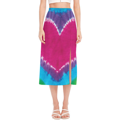Colorful Heart Tie Dye Print Side Slit Midi Skirt