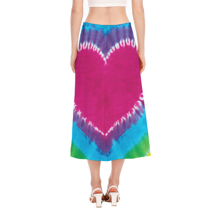 Colorful Heart Tie Dye Print Side Slit Midi Skirt