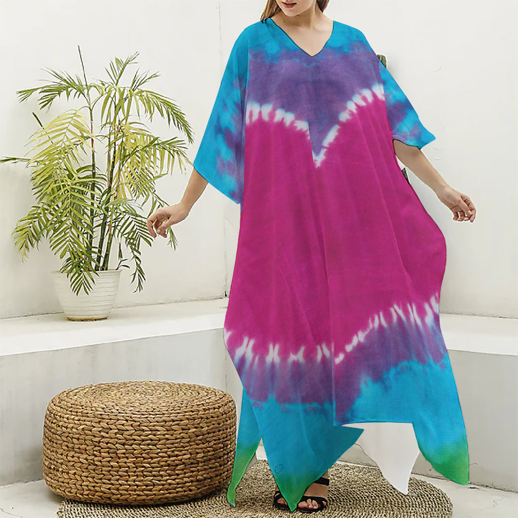 Colorful Heart Tie Dye Print Silk V-Neck Kaftan Dress