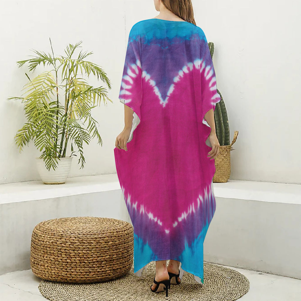 Colorful Heart Tie Dye Print Silk V-Neck Kaftan Dress