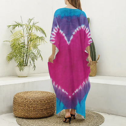 Colorful Heart Tie Dye Print Silk V-Neck Kaftan Dress
