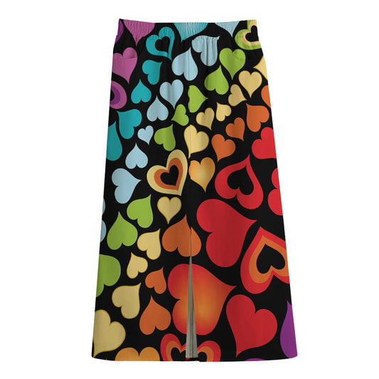 Colorful Heart Wave Pattern Print Cotton Front Slit Maxi Skirt