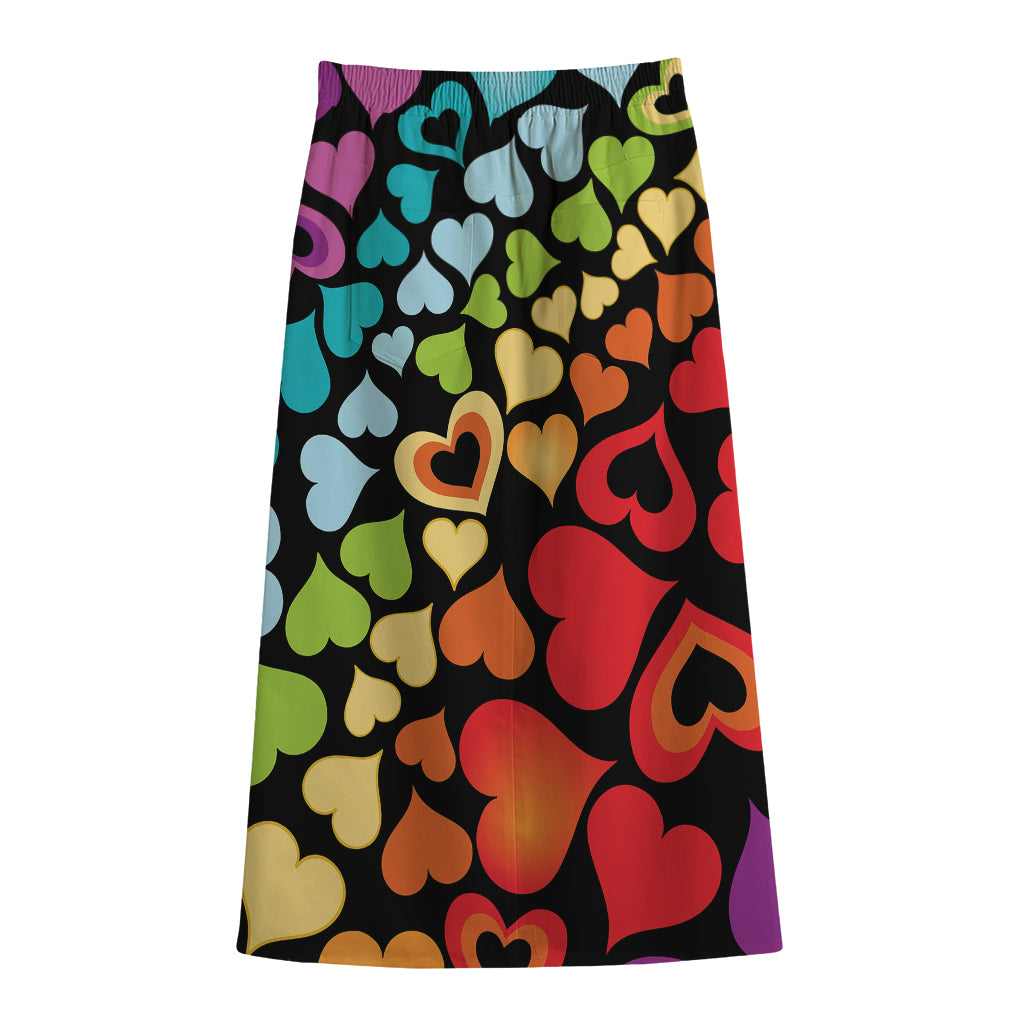 Colorful Heart Wave Pattern Print Cotton Front Slit Maxi Skirt