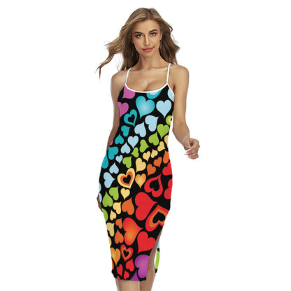 Colorful Heart Wave Pattern Print Cross Back Cami Dress