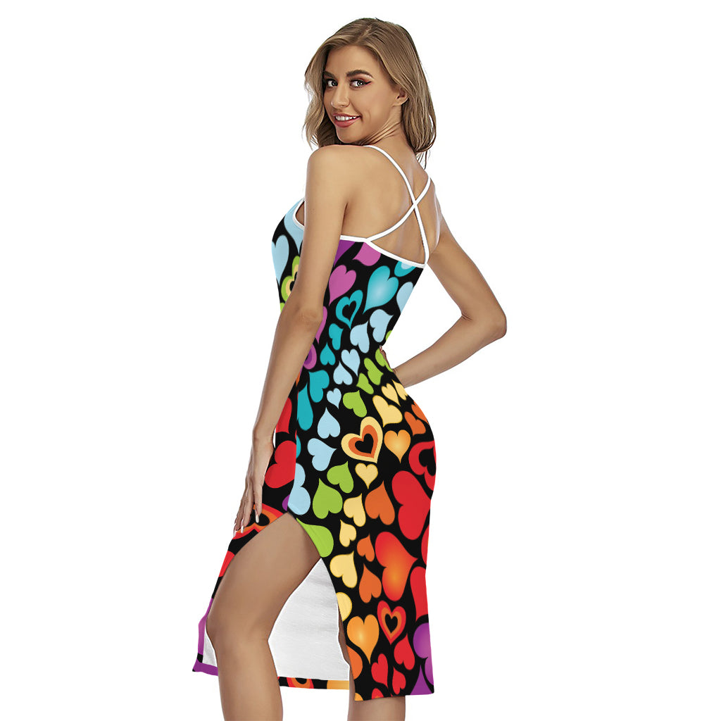 Colorful Heart Wave Pattern Print Cross Back Cami Dress