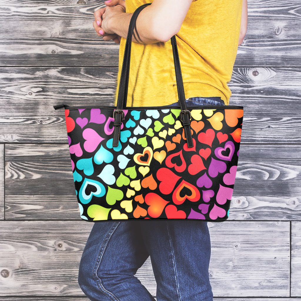 Colorful Heart Wave Pattern Print Leather Tote Bag