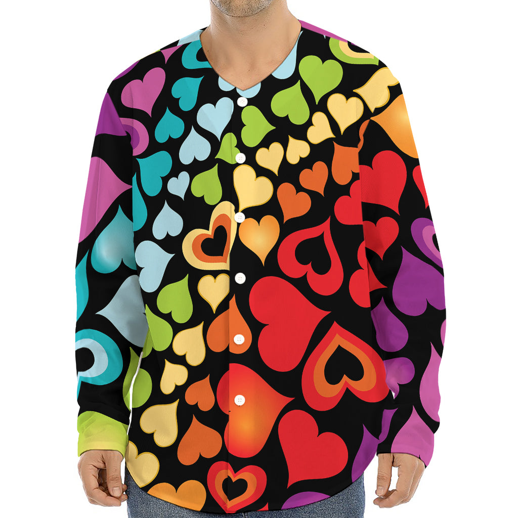 Colorful Heart Wave Pattern Print Long Sleeve Baseball Jersey