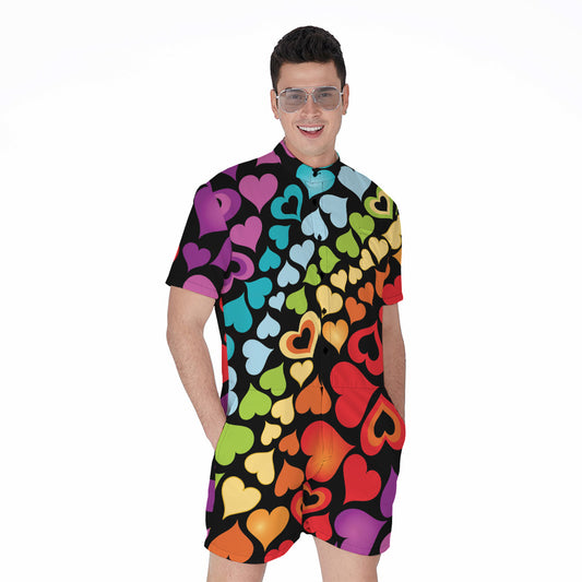 Colorful Heart Wave Pattern Print Men's Rompers