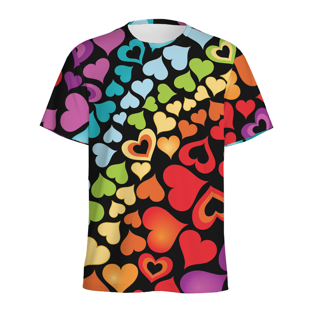 Colorful Heart Wave Pattern Print Men's Sports T-Shirt
