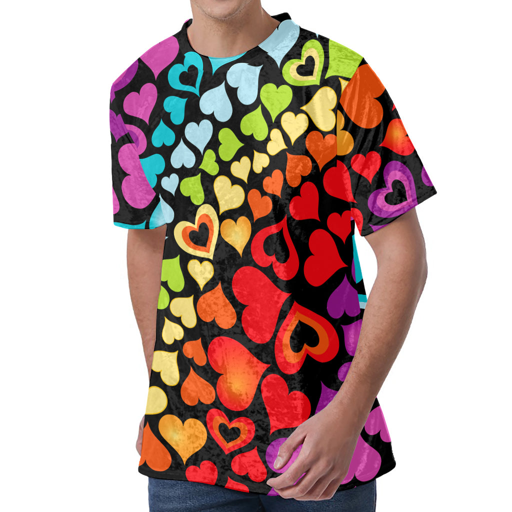 Colorful Heart Wave Pattern Print Men's Velvet T-Shirt