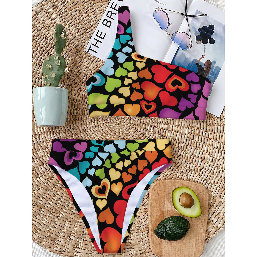 Colorful Heart Wave Pattern Print One Shoulder Bikini Top