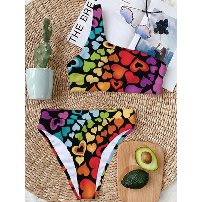 Colorful Heart Wave Pattern Print One Shoulder Bikini Top