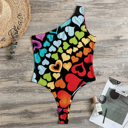 Colorful Heart Wave Pattern Print One Shoulder Bodysuit