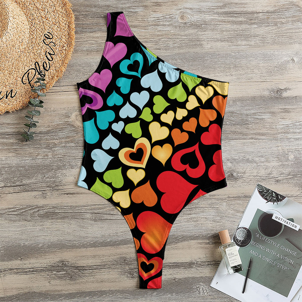 Colorful Heart Wave Pattern Print One Shoulder Bodysuit