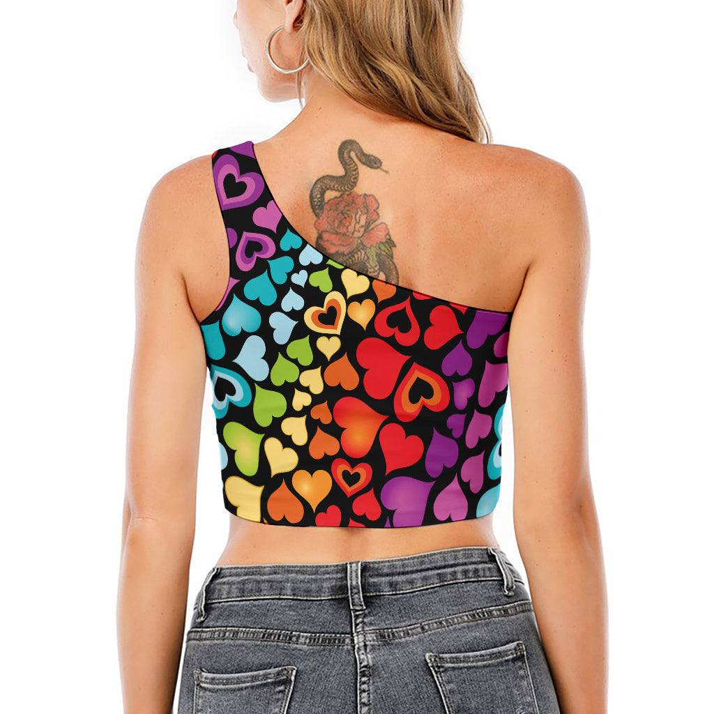 Colorful Heart Wave Pattern Print One Shoulder Crop Top