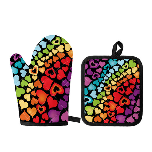 Colorful Heart Wave Pattern Print Oven Mitt And Pot Holder Set