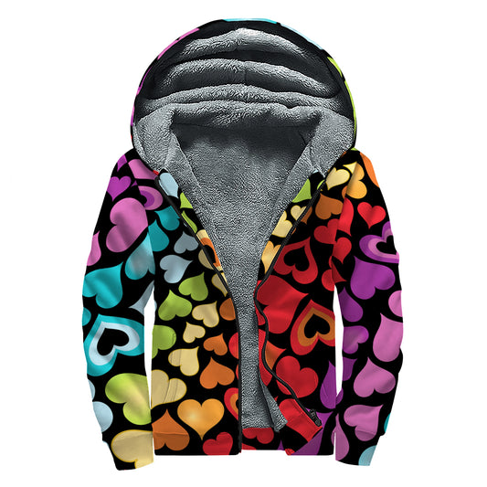 Colorful Heart Wave Pattern Print Sherpa Lined Zip Up Hoodie