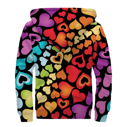 Colorful Heart Wave Pattern Print Sherpa Lined Zip Up Hoodie