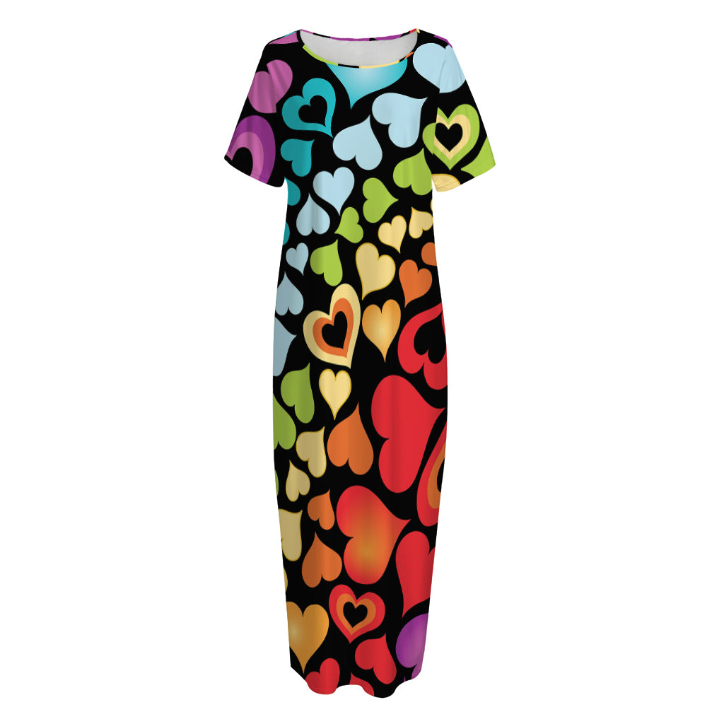 Colorful Heart Wave Pattern Print Short Sleeve Long Nightdress