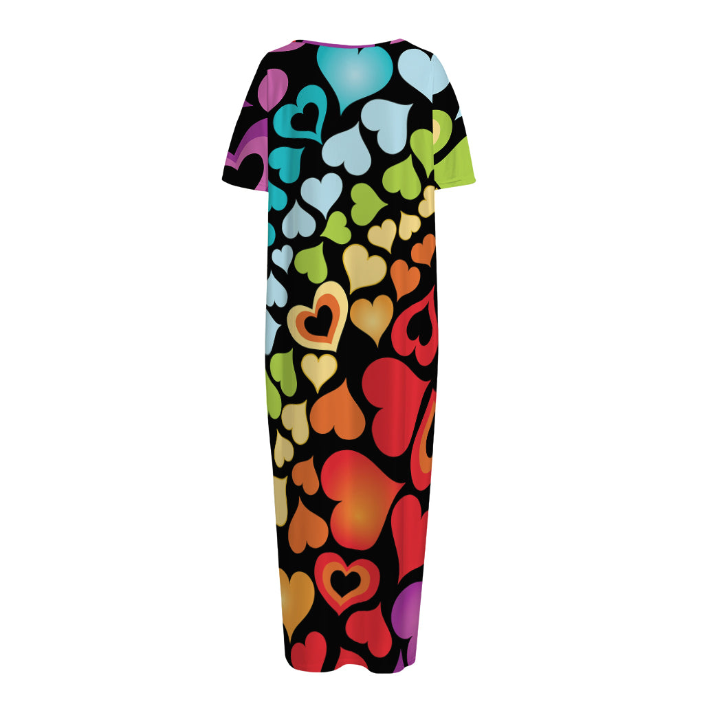 Colorful Heart Wave Pattern Print Short Sleeve Long Nightdress
