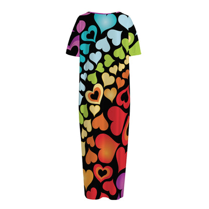Colorful Heart Wave Pattern Print Short Sleeve Long Nightdress