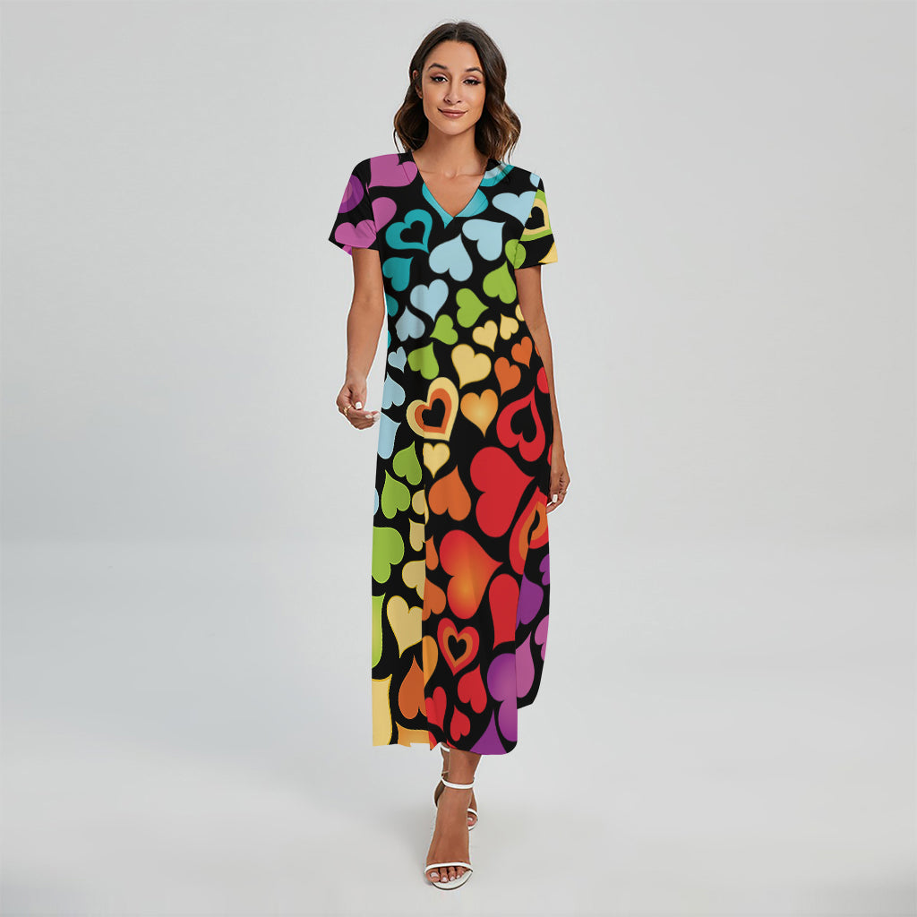 Colorful Heart Wave Pattern Print Short Sleeve Maxi Dress