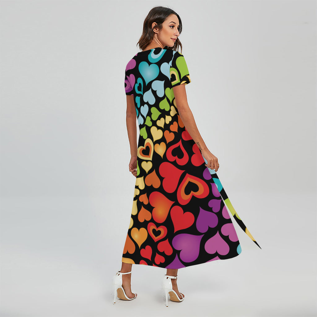 Colorful Heart Wave Pattern Print Short Sleeve Maxi Dress