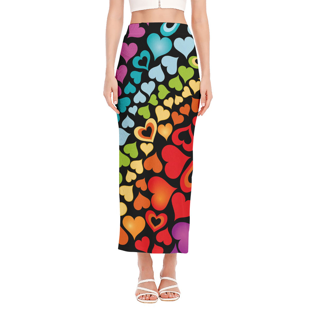 Colorful Heart Wave Pattern Print Side Slit Maxi Skirt