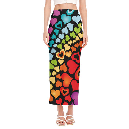 Colorful Heart Wave Pattern Print Side Slit Maxi Skirt