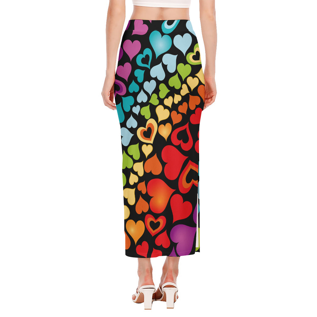 Colorful Heart Wave Pattern Print Side Slit Maxi Skirt