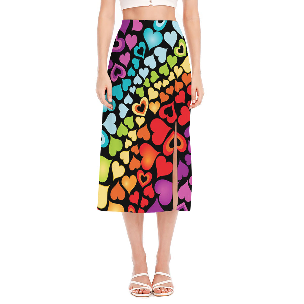 Colorful Heart Wave Pattern Print Side Slit Midi Skirt