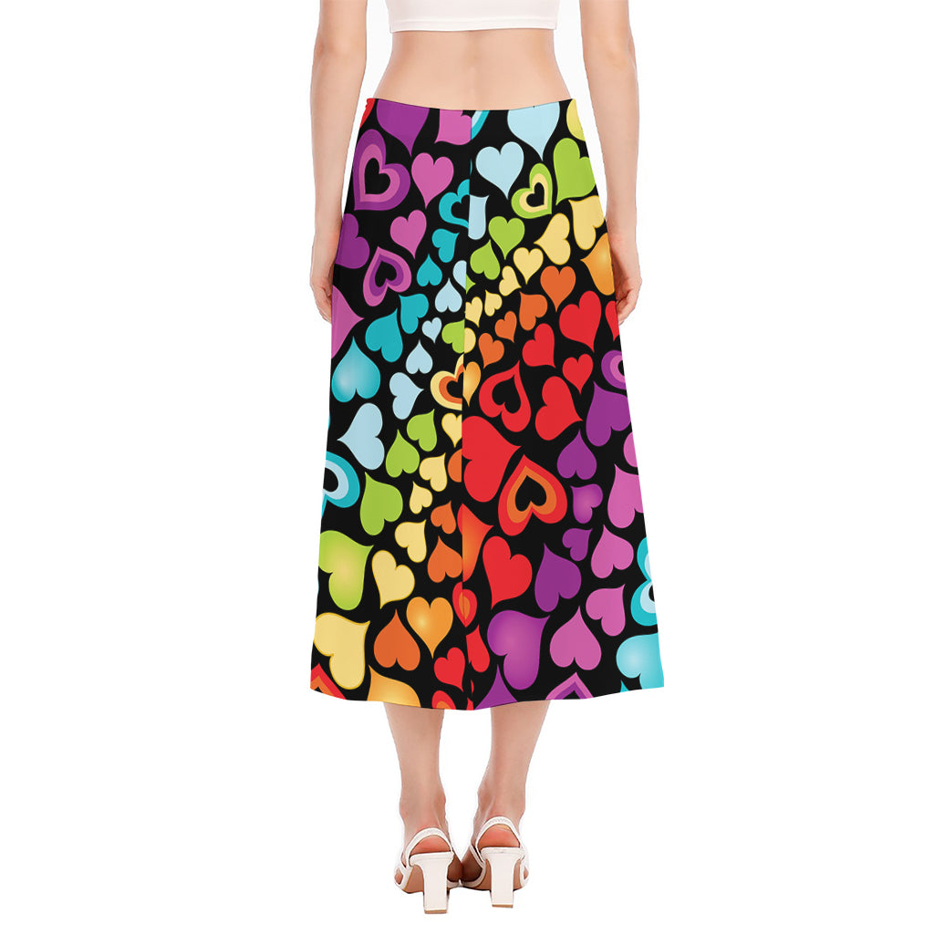 Colorful Heart Wave Pattern Print Side Slit Midi Skirt