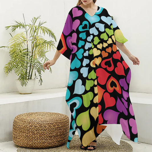 Colorful Heart Wave Pattern Print Silk V-Neck Kaftan Dress