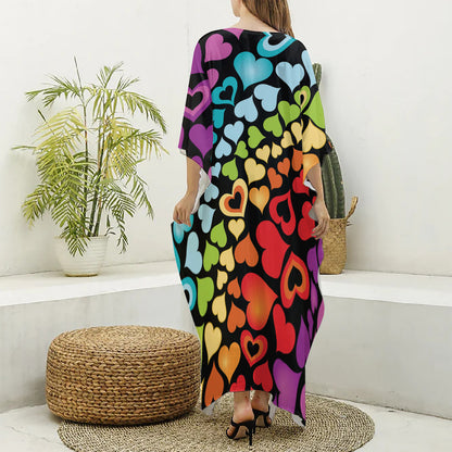 Colorful Heart Wave Pattern Print Silk V-Neck Kaftan Dress