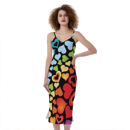 Colorful Heart Wave Pattern Print Slim Fit Midi Cami Dress